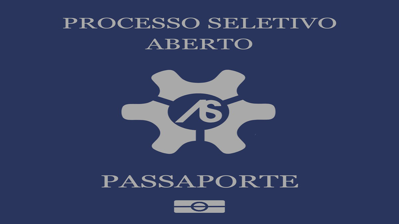 Arte de divulgação, com os dizeres 'Processo seletivo aberto' e 'Passaporte', bem como a logomarca do projeto