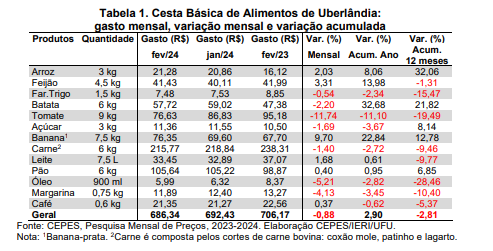 Tabela da Cesta Básica de Alimentos de Uberlândia: gasto mensal, variação mensal e variação acumulada