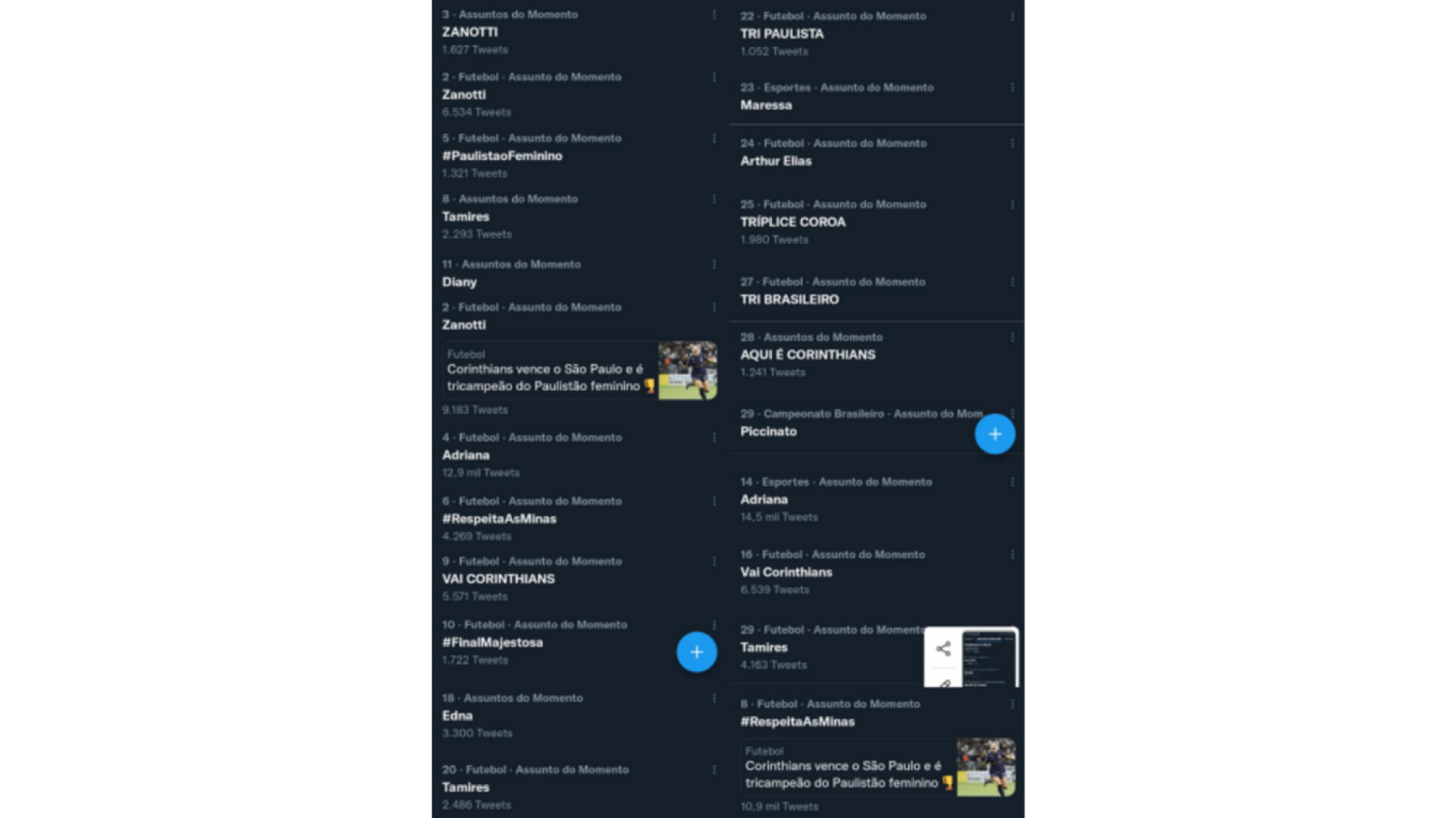 Prints de alguns trending topics do Twitter/X que falam sobre futebol de mulheres/Corinthians